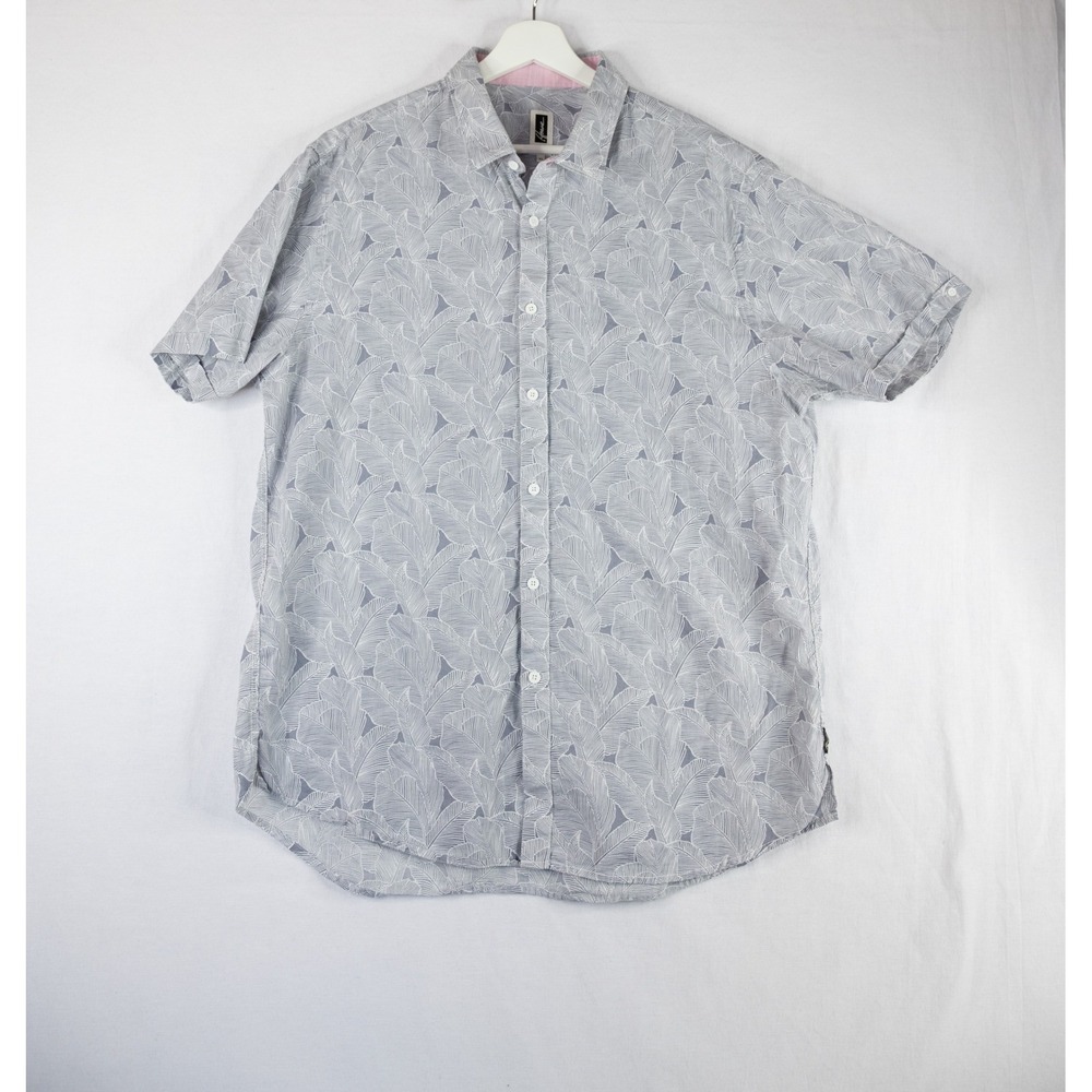 Howe Button Down Shirt Mens XL Blue Excellent Tropical Leaf Print Short‎ Sleeve